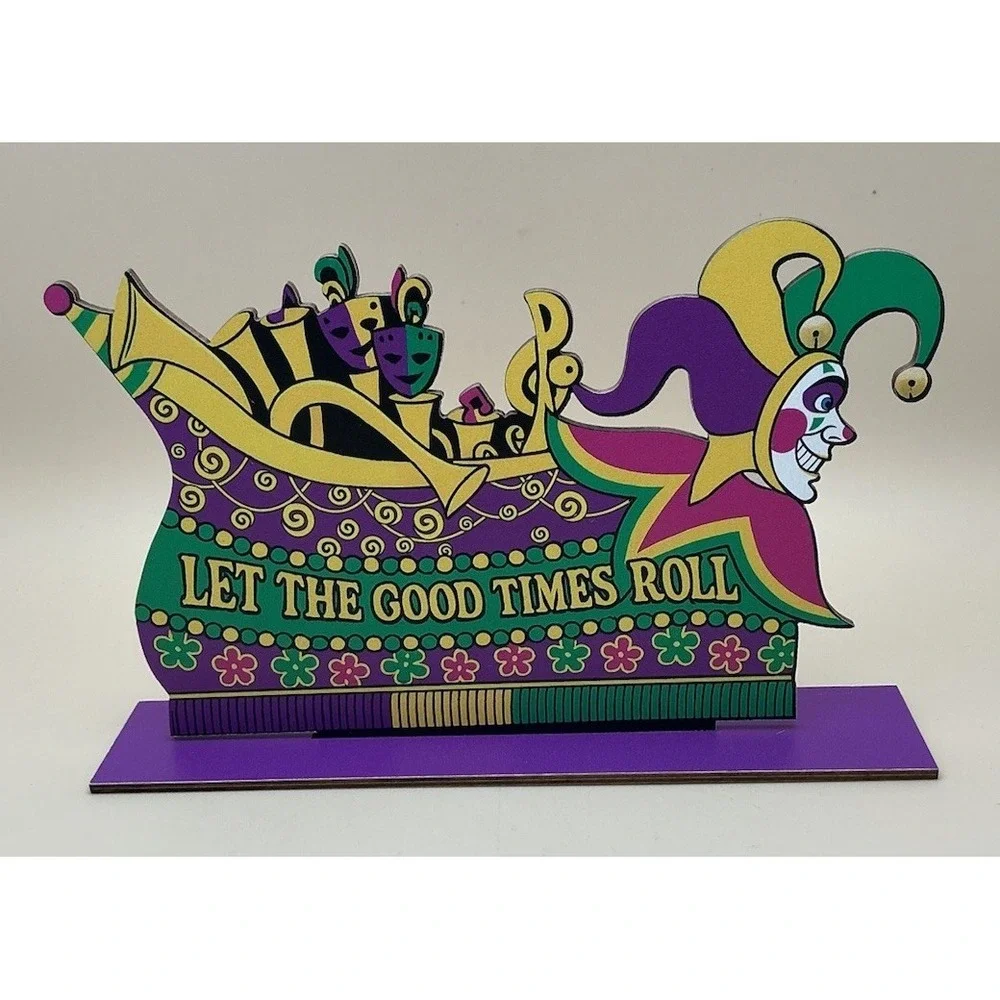 Mardi Gras 5 Festive Wooden‎ Table Top Signs w/Bases - NEW Open Bag